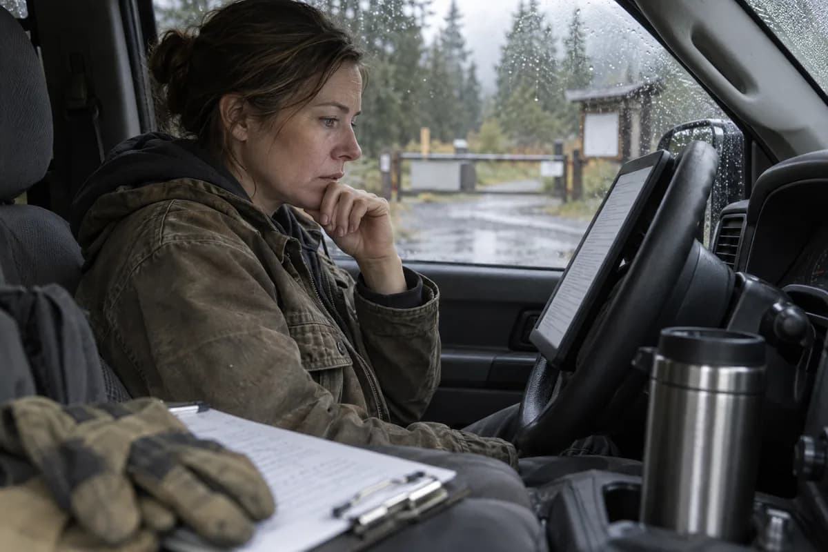 A woman reads a long document on a tablet in the driver's seat of her pickup, rain on the windshield, the campground gate beyond