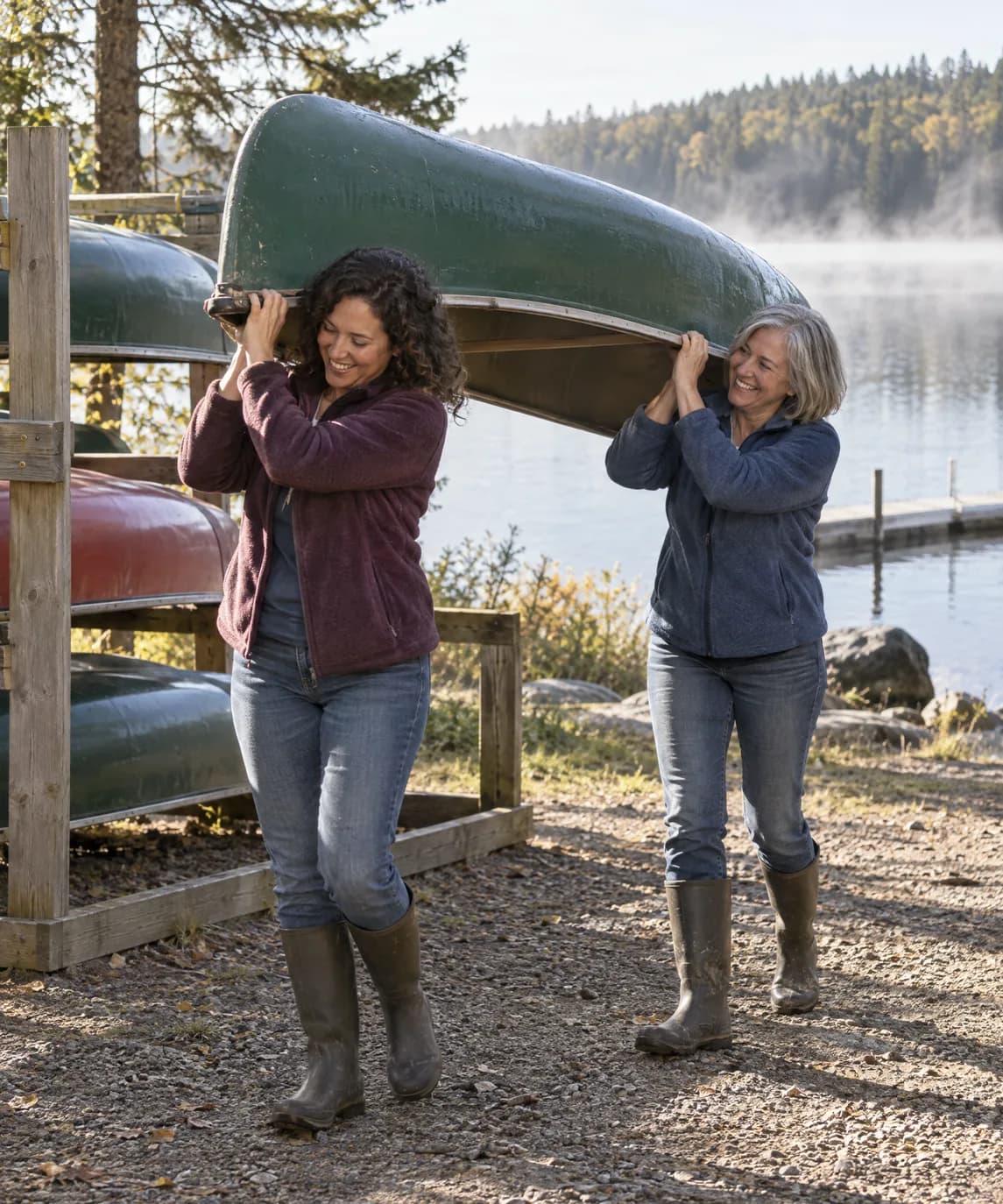 Two women carry a green canoe on their shoulders up from the lake landing on a misty morning, both grinning at the weight