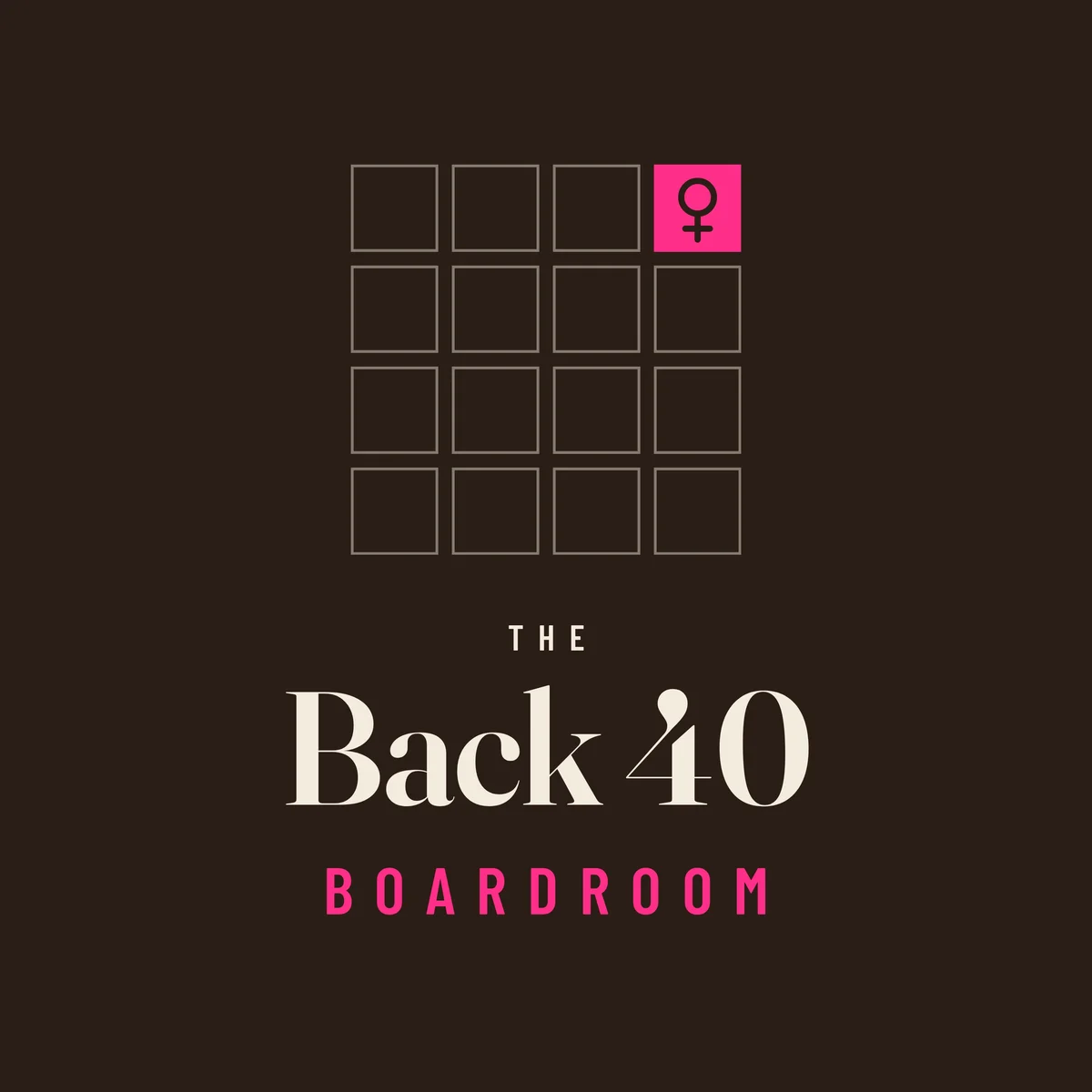 The Back Forty Boardroom cover: a grid of sixteen squares, one of them pink with the symbol for woman, above the show's name